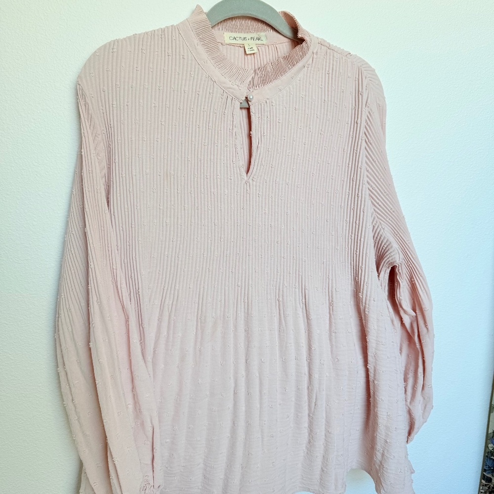 Cactus & Pearl Blush Pink Textured Pleated L/S Blouse Boho Chic Romantic Top L